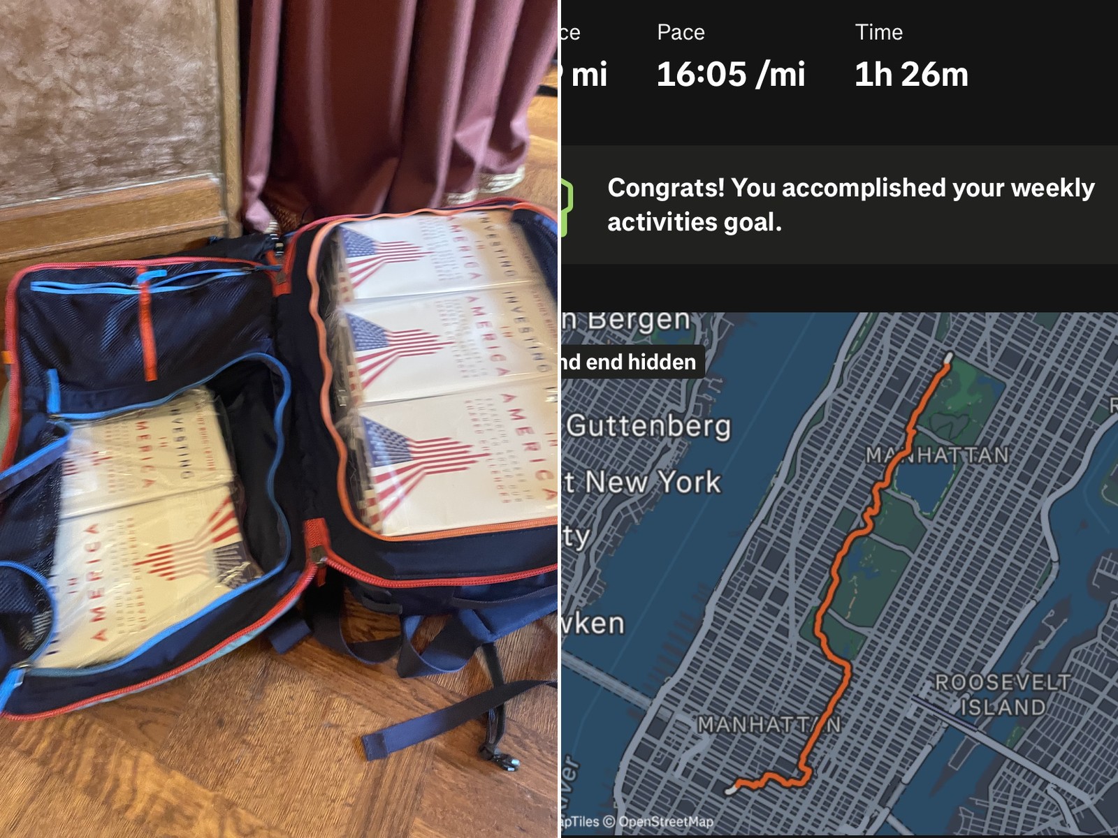 A backpack packed with copies of Investing in America, and a map of the walking route from Penn Station to the Upper West Side